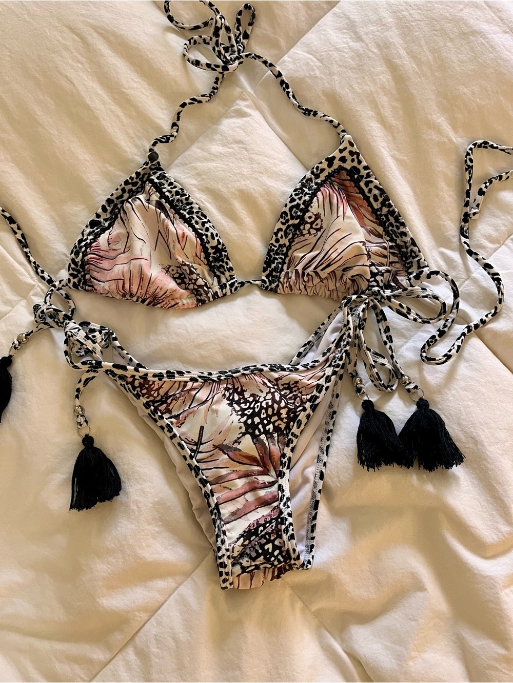 Venus Medium Triangle Tie Bikini Set in Beige Floral and Black Trim With Tassles